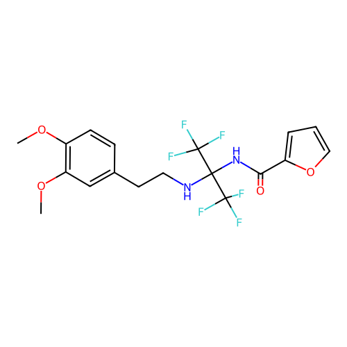 N-(2-((3,4-dimethoxyphenethyl)amino)-1,1,1,3,3,3-hexafluoropropan-2-yl)furan-2-carboxamide structure