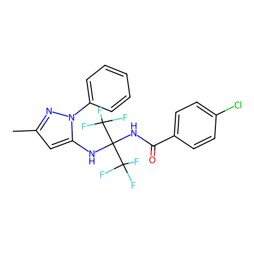 4-chloro-N-(1,1,1,3,3,3-hexafluoro-2-((3-methyl-1-phenyl-1H-pyrazol-5-yl)amino)propan-2-yl)benzamide structure