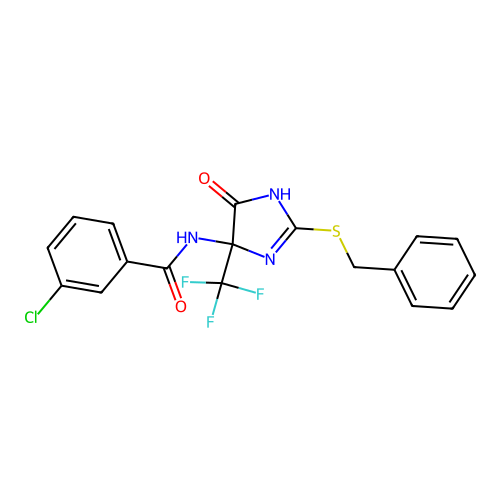 N-[2-(benzylsulfanyl)-5-oxo-4-(trifluoromethyl)-4,5-dihydro-1H-imidazol-4-yl]-3-chlorobenzamide structure
