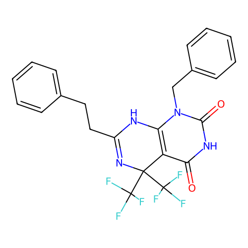 1-benzyl-7-phenethyl-5,5-bis(trifluoromethyl)-8H-pyrimido[4,5-d]pyrimidine-2,4-dione structure