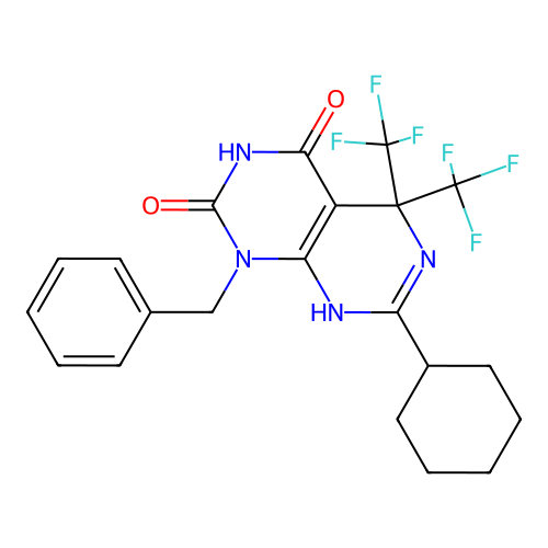 1-benzyl-7-cyclohexyl-5,5-bis(trifluoromethyl)-8H-pyrimido[4,5-d]pyrimidine-2,4-dione structure