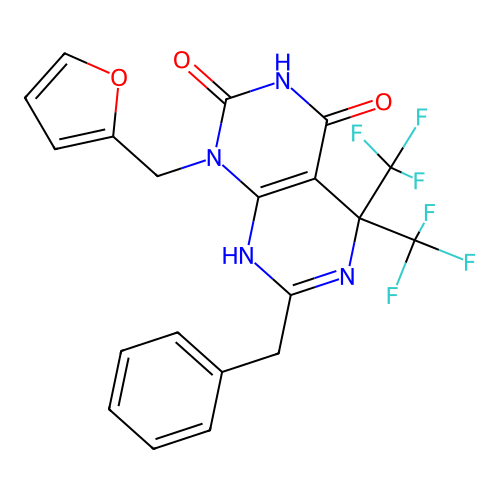 7-benzyl-1-(furan-2-ylmethyl)-5,5-bis(trifluoromethyl)-5,8-dihydropyrimido[4,5-d]pyrimidine-2,4(1H,3H)-dione structure