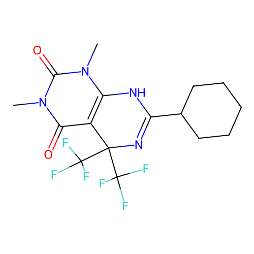 7-cyclohexyl-1,3-dimethyl-5,5-bis(trifluoromethyl)-8H-pyrimido[4,5-d]pyrimidine-2,4-dione structure