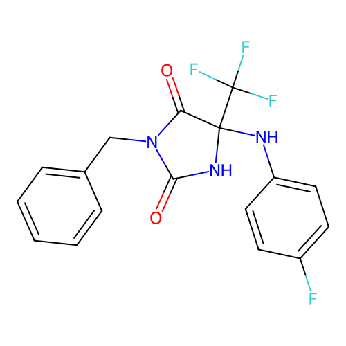 Imidazolidine-2,4-dione, 3-benzyl-5-(4-fluorophenylamino)-5-trifluoromethyl- structure