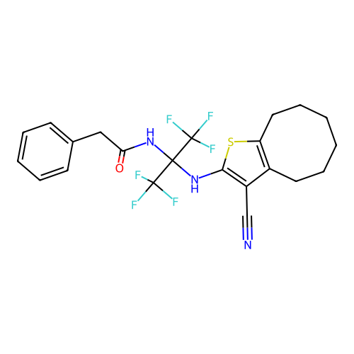 N-(2-((3-cyano-4,5,6,7,8,9-hexahydrocycloocta[b]thiophen-2-yl)amino)-1,1,1,3,3,3-hexafluoropropan-2-yl)-2-phenylacetamide structure