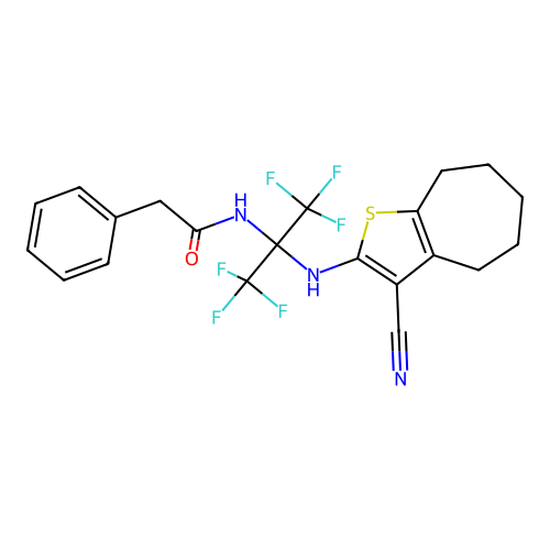 N-(2-((3-cyano-5,6,7,8-tetrahydro-4H-cyclohepta[b]thiophen-2-yl)amino)-1,1,1,3,3,3-hexafluoropropan-2-yl)-2-phenylacetamide structure