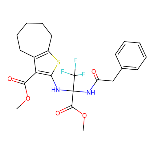(S)-methyl 2-((1,1,1-trifluoro-3-methoxy-3-oxo-2-(2-phenylacetamido)propan-2-yl)amino)-5,6,7,8-tetrahydro-4H-cyclohepta[b]thiophene-3-carboxylate structure