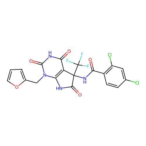 2,4-dichloro-N-(1-(furan-2-ylmethyl)-2,4,6-trioxo-5-(trifluoromethyl)-2,3,4,5,6,7-hexahydro-1H-pyrrolo[2,3-d]pyrimidin-5-yl)benzamide structure