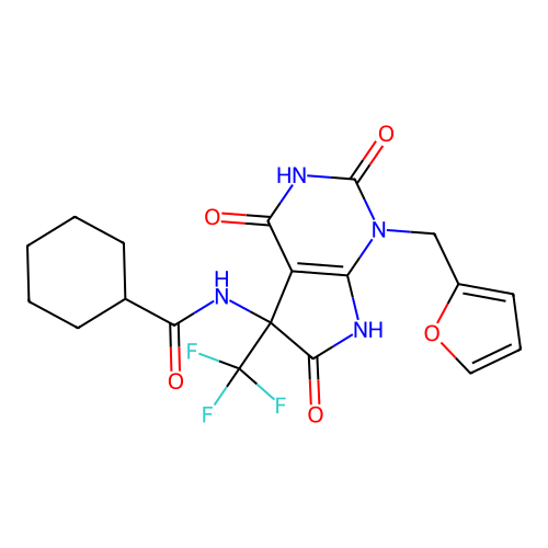 N-(1-(furan-2-ylmethyl)-2,4,6-trioxo-5-(trifluoromethyl)-2,3,4,5,6,7-hexahydro-1H-pyrrolo[2,3-d]pyrimidin-5-yl)cyclohexanecarboxamide structure