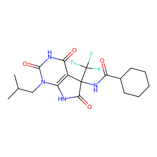 N-(1-isobutyl-2,4,6-trioxo-5-(trifluoromethyl)-2,3,4,5,6,7-hexahydro-1H-pyrrolo[2,3-d]pyrimidin-5-yl)cyclohexanecarboxamide structure