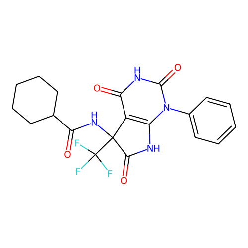 N-(2,4,6-trioxo-1-phenyl-5-(trifluoromethyl)-2,3,4,5,6,7-hexahydro-1H-pyrrolo[2,3-d]pyrimidin-5-yl)cyclohexanecarboxamide structure