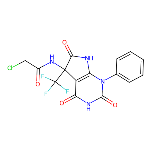 2-chloro-N-(2,4,6-trioxo-1-phenyl-5-(trifluoromethyl)-2,3,4,5,6,7-hexahydro-1H-pyrrolo[2,3-d]pyrimidin-5-yl)acetamide structure