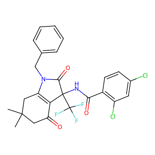 N-(1-benzyl-6,6-dimethyl-2,4-dioxo-3-(trifluoromethyl)-2,3,4,5,6,7-hexahydro-1H-indol-3-yl)-2,4-dichlorobenzamide structure