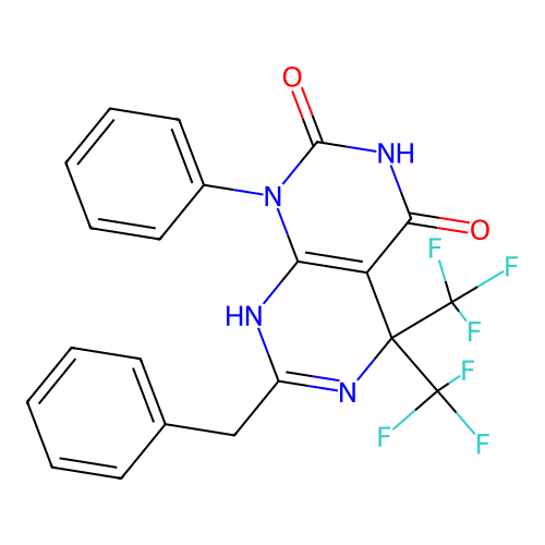 7-benzyl-1-phenyl-5,5-bis(trifluoromethyl)-8H-pyrimido[4,5-d]pyrimidine-2,4-dione structure