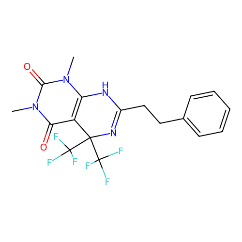 1,3-dimethyl-7-(2-phenylethyl)-5,5-bis(trifluoromethyl)-5,8-dihydropyrimido[4,5-d]pyrimidine-2,4(1H,3H)-dione structure