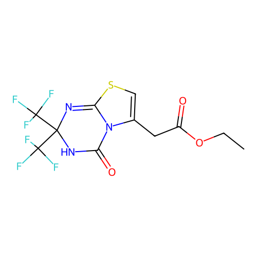 ethyl [4-hydroxy-2,2-bis(trifluoromethyl)-2H-[1,3]thiazolo[3,2-a][1,3,5]triazin-6-yl]acetate structure