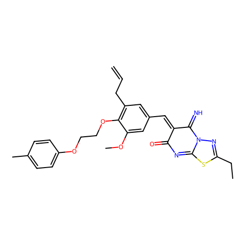 (Z)-6-(3-allyl-5-methoxy-4-(2-(p-tolyloxy)ethoxy)benzylidene)-2-ethyl-5-imino-5H-[1,3,4]thiadiazolo[3,2-a]pyrimidin-7(6H)-one structure