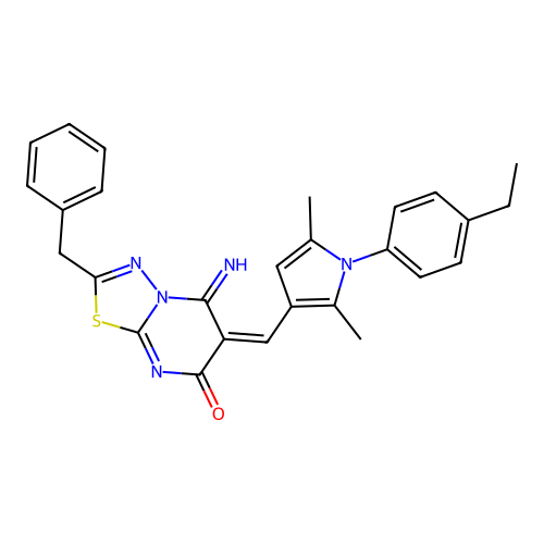 (E)-2-benzyl-6-((1-(4-ethylphenyl)-2,5-dimethyl-1H-pyrrol-3-yl)methylene)-5-imino-5H-[1,3,4]thiadiazolo[3,2-a]pyrimidin-7(6H)-one structure