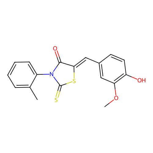 (5Z)-5-(4-hydroxy-3-methoxybenzylidene)-3-(2-methylphenyl)-2-thioxo-1,3-thiazolidin-4-one structure
