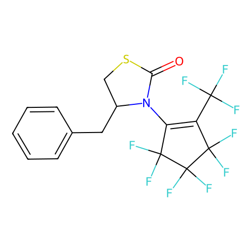 4-benzyl-3-(3,3,4,4,5,5-hexafluoro-2-(trifluoromethyl)cyclopent-1-en-1-yl)thiazolidin-2-one structure