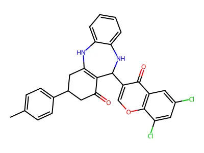 11-(6,8-dichloro-4-oxo-4H-chromen-3-yl)-3-(4-methylphenyl)-2,3,4,5,10,11-hexahydro-1H-dibenzo[b,e][1,4]diazepin-1-one structure