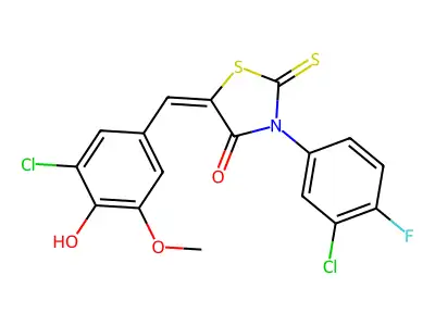 (5E)-3-(3-chloro-4-fluorophenyl)-5-(3-chloro-4-hydroxy-5-methoxybenzylidene)-2-thioxo-1,3-thiazolidin-4-one structure