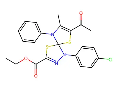 ethyl 7-acetyl-1-(4-chlorophenyl)-8-methyl-9-phenyl-4,6-dithia-1,2,9-triazaspiro[4.4]nona-2,7-diene-3-carboxylate structure