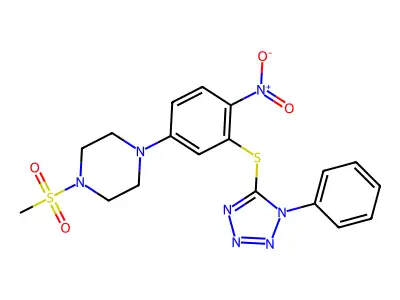 1-Methylsulfonyl-4-[4-nitro-3-(1-phenyltetrazol-5-yl)sulfanylphenyl]piperazine structure