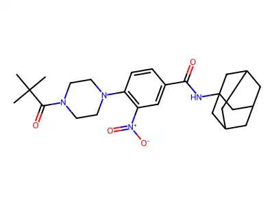 N-(1-adamantyl)-4-[4-(2,2-dimethylpropanoyl)piperazin-1-yl]-3-nitrobenzamide structure