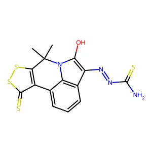 (2E)-2-(7,7-dimethyl-5-oxo-10-thioxo-7,10-dihydro[1,2]dithiolo[3,4-c]pyrrolo[3,2,1-ij]quinolin-4(5H)-ylidene)hydrazinecarbothioamide structure