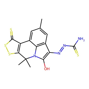 (2E)-2-(2,7,7-trimethyl-5-oxo-10-thioxo-7,10-dihydro[1,2]dithiolo[3,4-c]pyrrolo[3,2,1-ij]quinolin-4(5H)-ylidene)hydrazinecarbothioamide structure