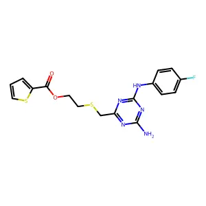 2-[({4-amino-6-[(4-fluorophenyl)amino]-1,3,5-triazin-2-yl}methyl)sulfanyl]ethyl thiophene-2-carboxylate structure