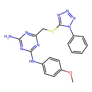 N-(4-methoxyphenyl)-6-{[(1-phenyl-1H-tetrazol-5-yl)sulfanyl]methyl}-1,3,5-triazine-2,4-diamine structure