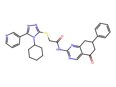 2-{[4-cyclohexyl-5-(pyridin-3-yl)-4H-1,2,4-triazol-3-yl]sulfanyl}-N-(5-oxo-7-phenyl-5,6,7,8-tetrahydroquinazolin-2-yl)acetamide structure