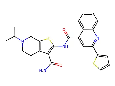 2-[[oxo-(2-thiophen-2-yl-4-quinolinyl)methyl]amino]-6-propan-2-yl-5,7-dihydro-4H-thieno[2,3-c]pyridine-3-carboxamide;hydrochloride structure