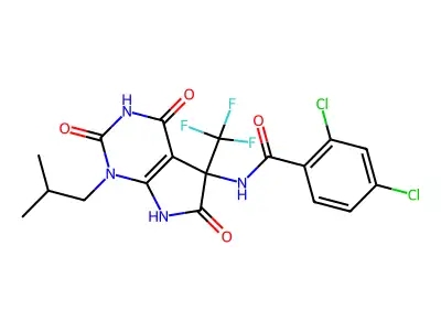 2,4-dichloro-N-(1-isobutyl-2,4,6-trioxo-5-(trifluoromethyl)-2,3,4,5,6,7-hexahydro-1H-pyrrolo[2,3-d]pyrimidin-5-yl)benzamide structure