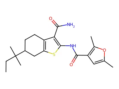 N-[3-carbamoyl-6-(2-methylbutan-2-yl)-4,5,6,7-tetrahydro-1-benzothiophen-2-yl]-2,5-dimethylfuran-3-carboxamide structure