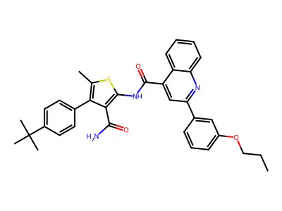 N-[4-(4-tert-butylphenyl)-3-carbamoyl-5-methylthiophen-2-yl]-2-(3-propoxyphenyl)quinoline-4-carboxamide structure
