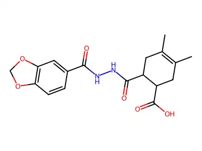6-{[2-(1,3-benzodioxol-5-ylcarbonyl)hydrazinyl]carbonyl}-3,4-dimethylcyclohex-3-ene-1-carboxylic acid structure