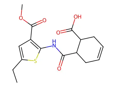6-{[5-ethyl-3-(methoxycarbonyl)thiophen-2-yl]carbamoyl}cyclohex-3-ene-1-carboxylic acid structure