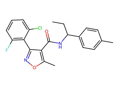 3-(2-chloro-6-fluorophenyl)-5-methyl-N-[1-(4-methylphenyl)propyl]-1,2-oxazole-4-carboxamide structure