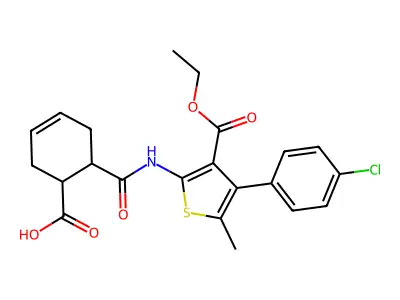 3-thiophenecarboxylic acid, 2-[[(6-carboxy-3-cyclohexen-1-yl)carbonyl]amino]-4-(4-chlorophenyl)-5-methyl-, 3-ethyl ester structure