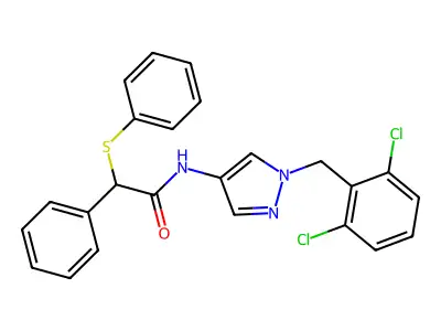 N-[1-[(2,6-dichlorophenyl)methyl]pyrazol-4-yl]-2-phenyl-2-phenylsulfanylacetamide structure
