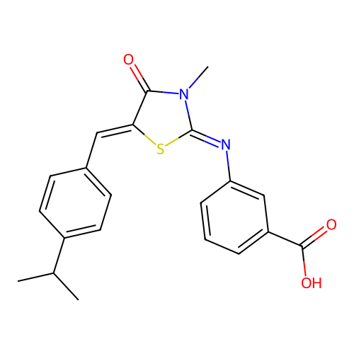 3-({(2E,5Z)-3-methyl-4-oxo-5-[4-(propan-2-yl)benzylidene]-1,3-thiazolidin-2-ylidene}amino)benzoic acid structure