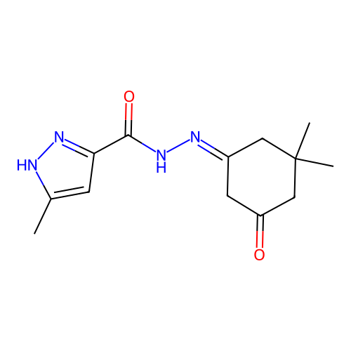 N'-(3,3-dimethyl-5-oxocyclohexylidene)-3-methyl-1H-pyrazole-5-carbohydrazide structure