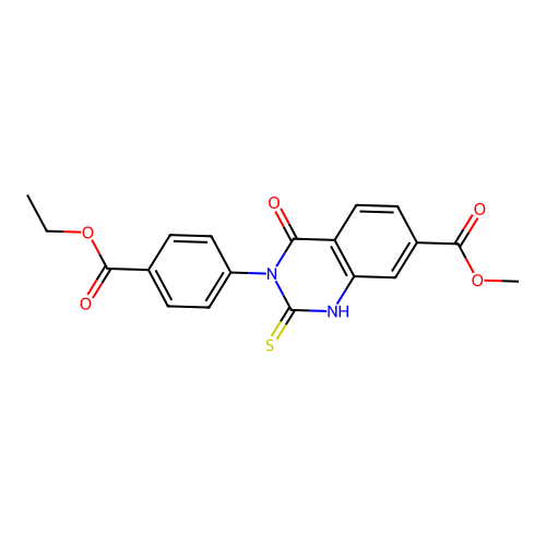 methyl 3-[4-(ethoxycarbonyl)phenyl]-4-oxo-2-thioxo-1,2,3,4-tetrahydroquinazoline-7-carboxylate structure