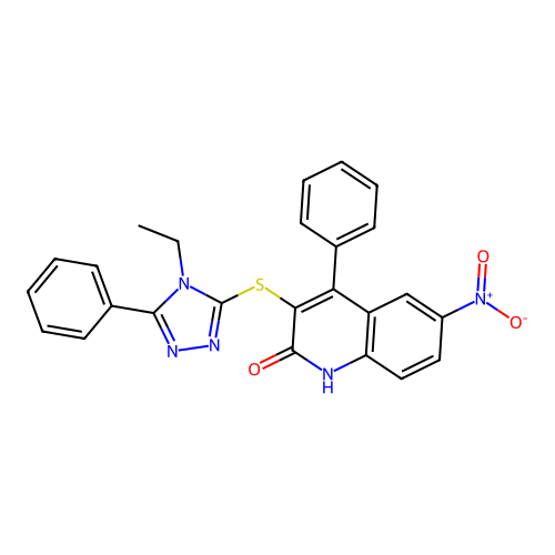 3-[(4-ethyl-5-phenyl-1,2,4-triazol-3-yl)sulfanyl]-6-nitro-4-phenyl-1H-quinolin-2-one structure