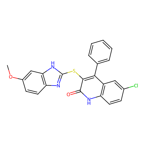 6-chloro-3-[(5-methoxy-1H-benzimidazol-2-yl)thio]-4-phenylquinolin-2(1H)-one structure