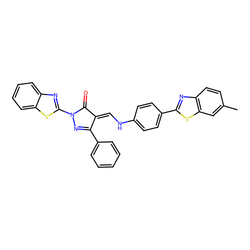 (E)-1-(benzo[d]thiazol-2-yl)-4-(((4-(6-methylbenzo[d]thiazol-2-yl)phenyl)amino)methylene)-3-phenyl-1H-pyrazol-5(4H)-one structure
