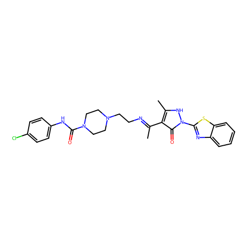 (Z)-4-(2-((1-(1-(benzo[d]thiazol-2-yl)-3-methyl-5-oxo-1H-pyrazol-4(5H)-ylidene)ethyl)amino)ethyl)-N-(4-chlorophenyl)piperazine-1-carboxamide structure
